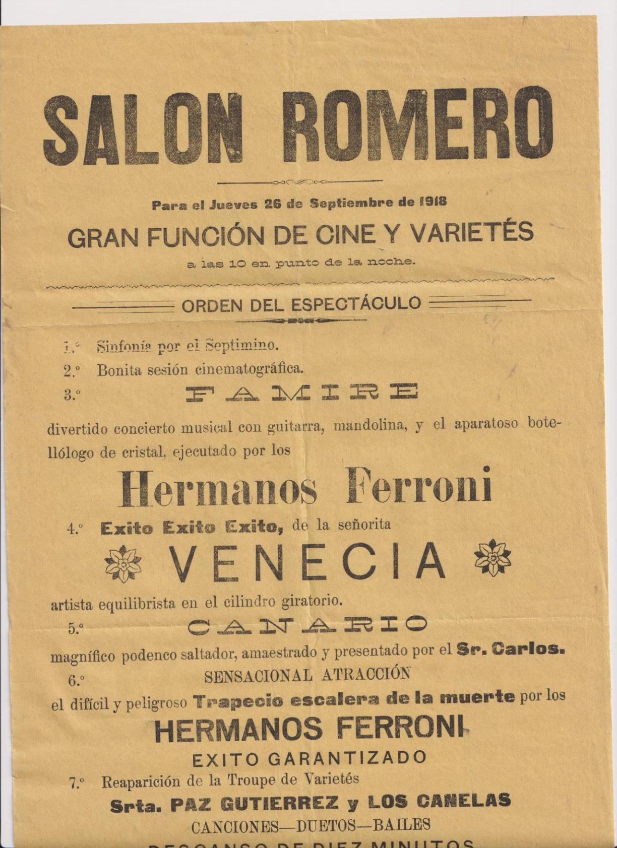 Cartel (42x21) Salón Romero de Zafra. 26 Septiembre de 1918. Gran función de cine y Varietés
