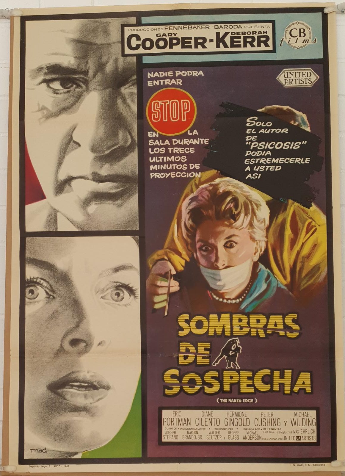 Sombras de sospecha. Cartel (100x70) de Estreno, 1961