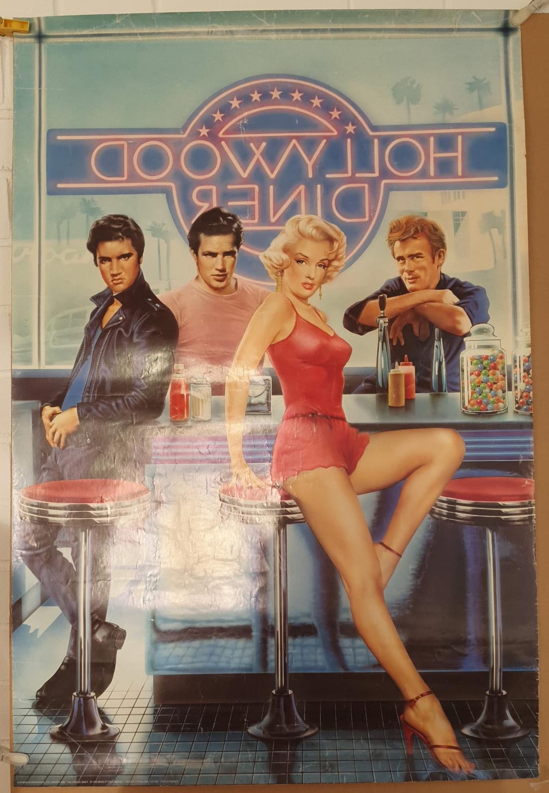Hollywood Diner. Cartel (95,5x69,5) Publicitario: Elvis, Marylin, Brando y Dean, Año 1990