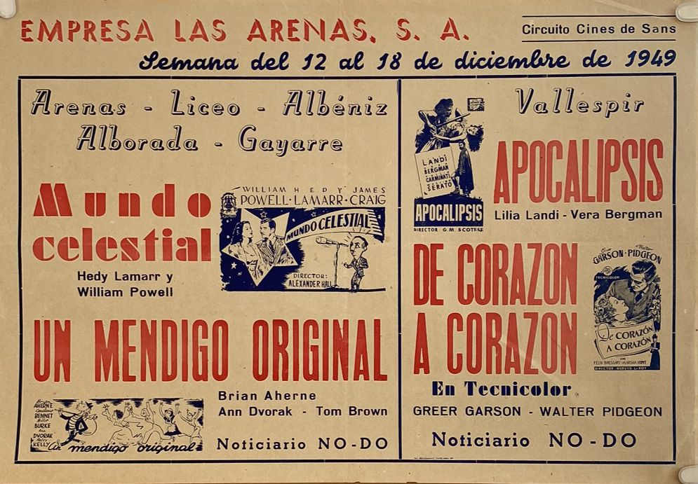 Cine las Arenas. Cartel (35x50) local. Semana 12-18 Diciembre 1949