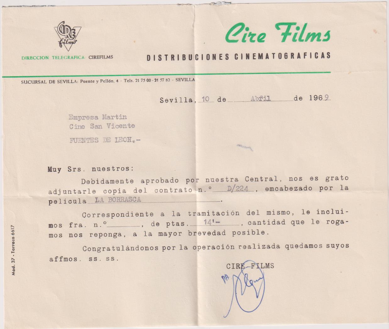 Factura de Cire Films al Cine San Vicente de Sevilla por la película La Borrasca. Sevilla 1969