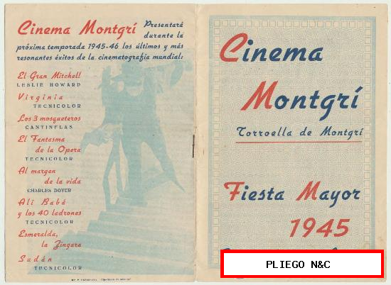 Cinema Montgrí. Fiesta Mayor 1945-Torroella de Montgrí. Librito anunciando las películas