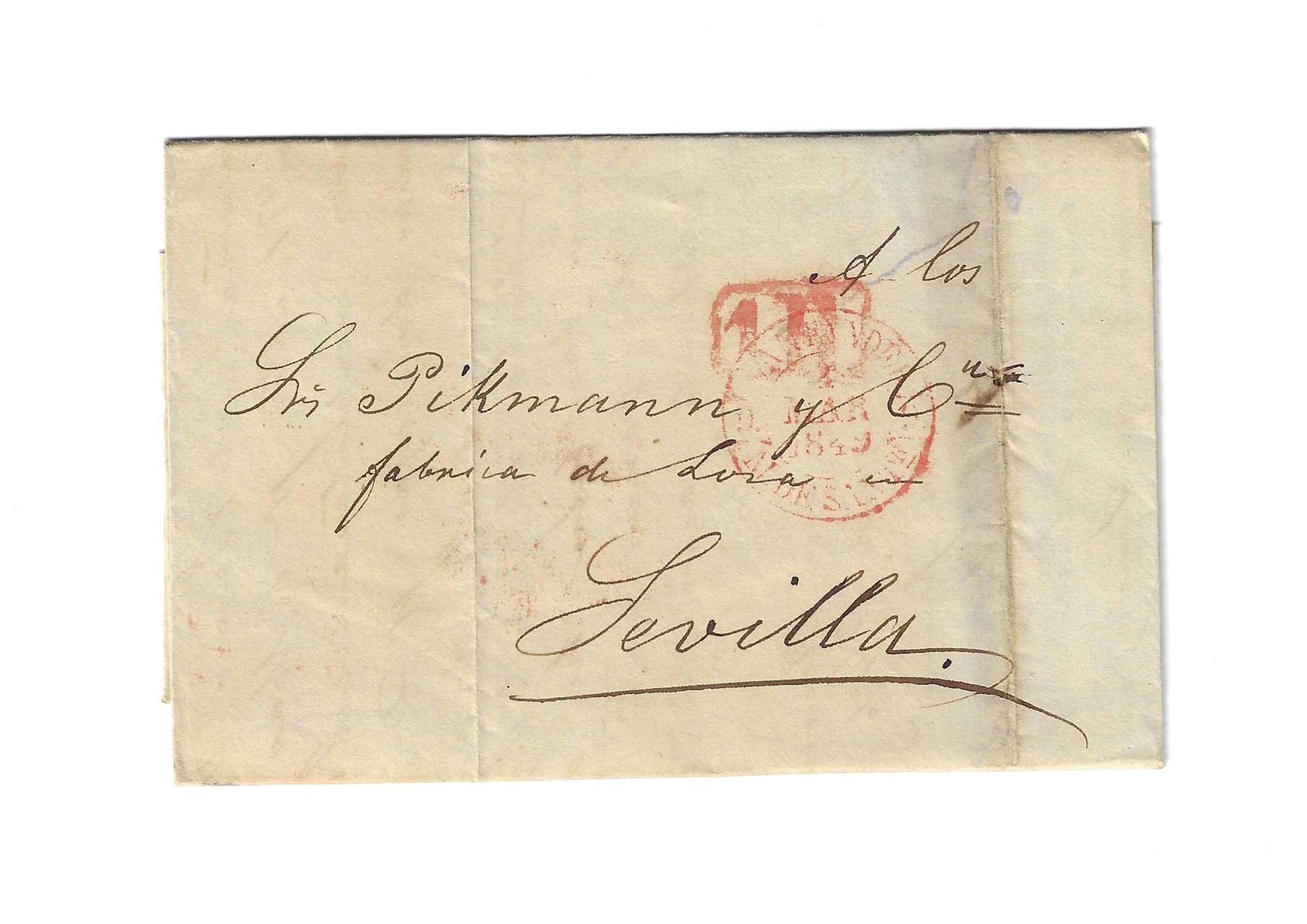 Carta de Santander a Sevilla del 3 Mar. 1849, con Baeza 14 R. y porteo 1 R.,  Fechador de llegada