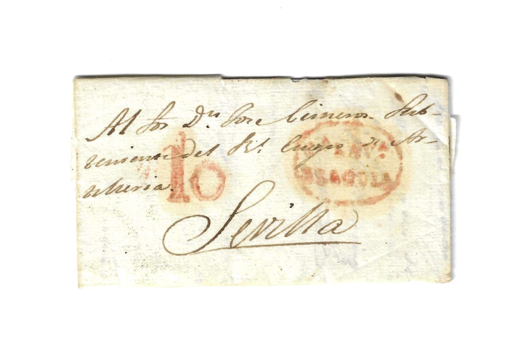 Carta de Segovia a Sevilla del 21 Agosto 1826, con marca 7 R. y porteo 10 R.