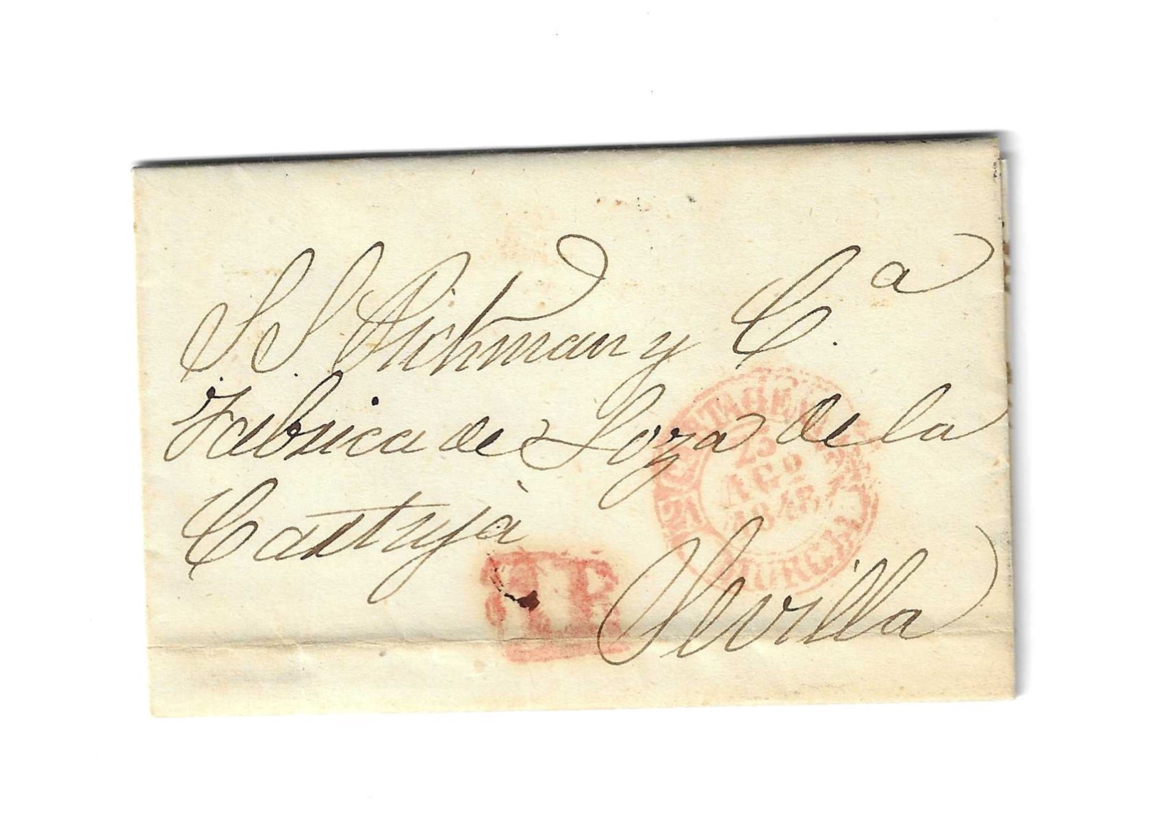 Carta de Cartagena a Sevilla del 23 Agosto 1848, con Baeza 16 R. y porteo 8 R., fechador de llegada