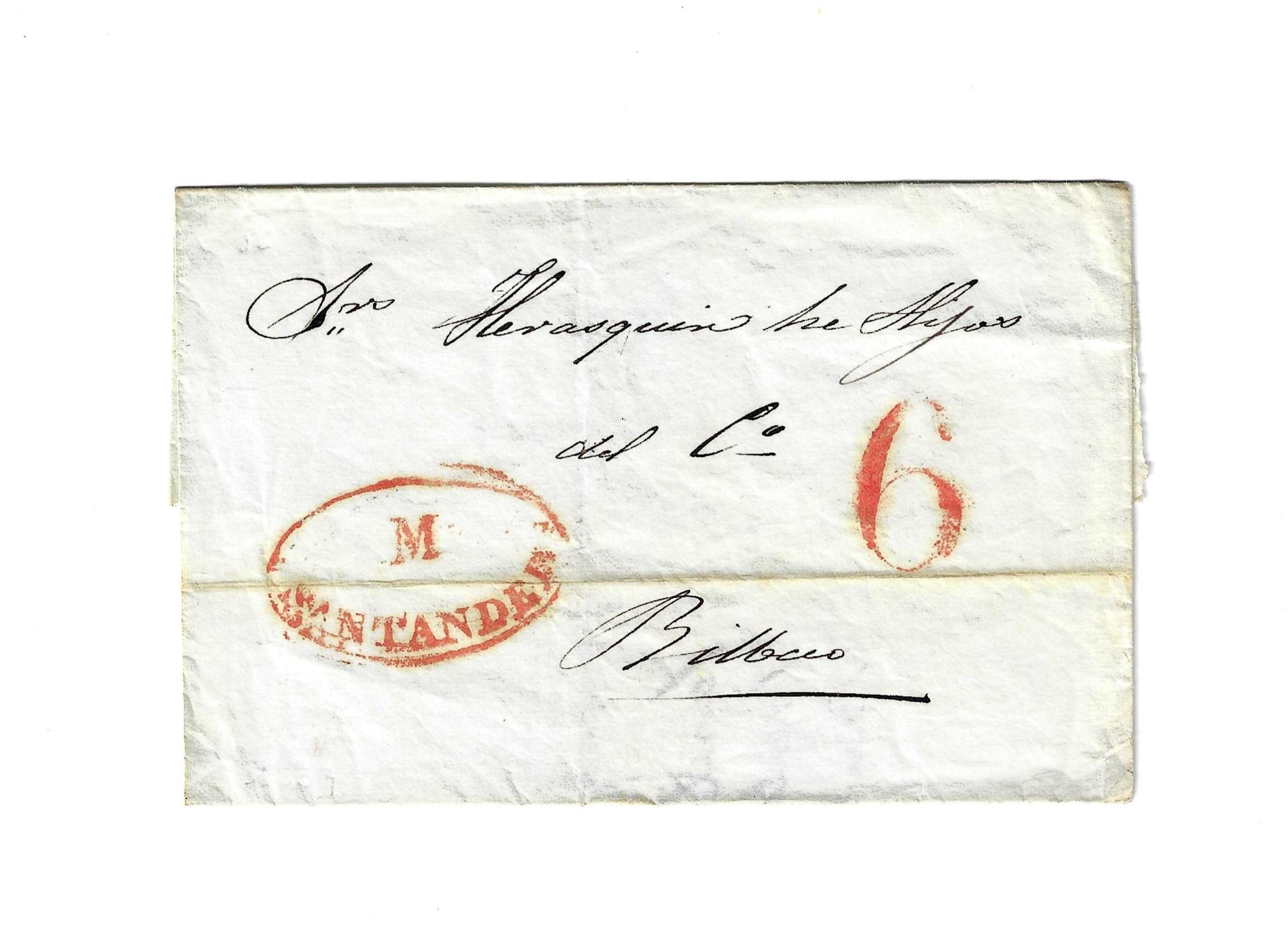 envoltura de SAntander a Bilbao del 20 Dic. 1839, con marca 12 R. y porteo 6 R.