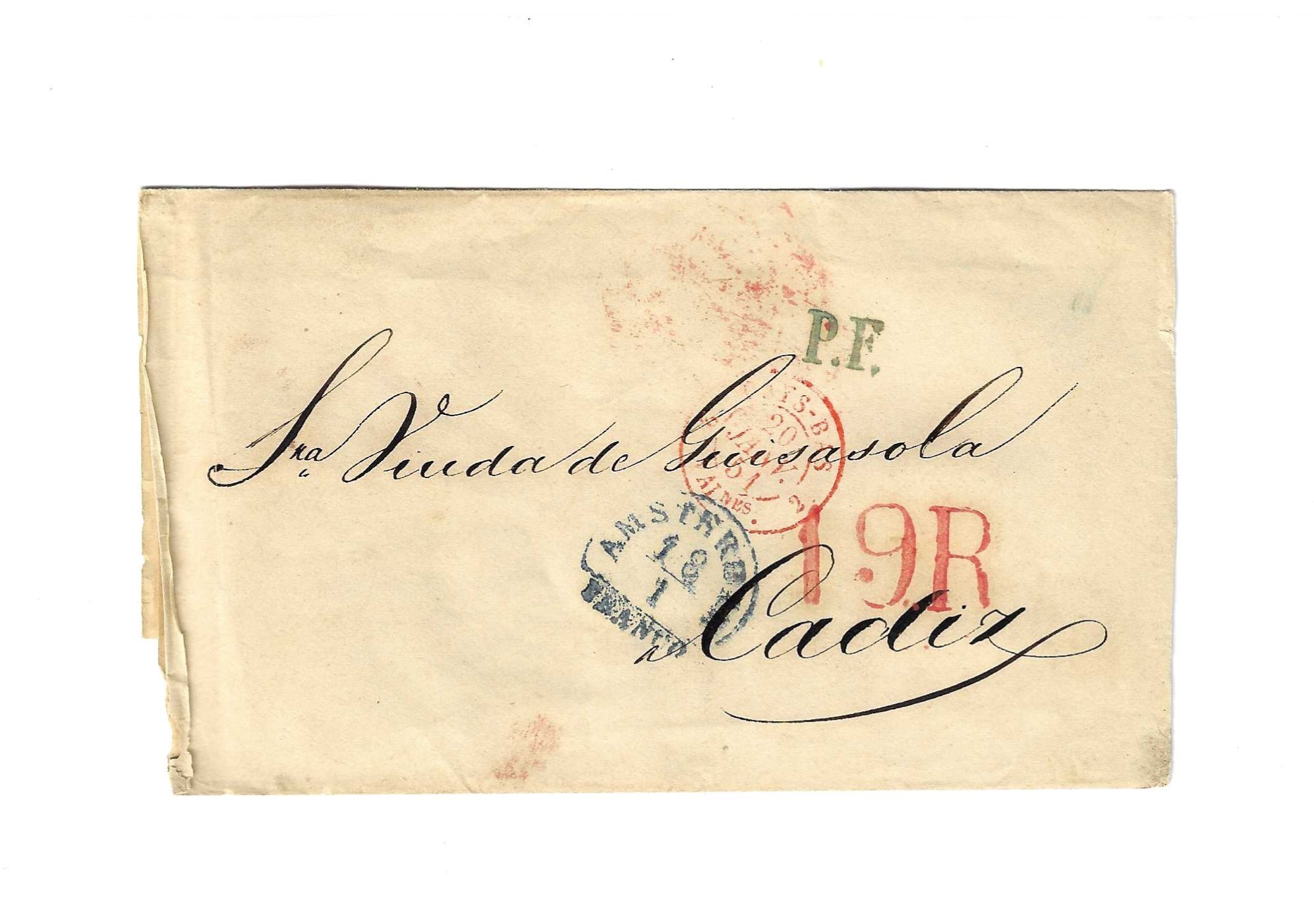 Envoltura de Amsterdam a Cádiz del 18 Ene. 1851, con Marca Azul de Amsterdam y fechador Tránsito de-