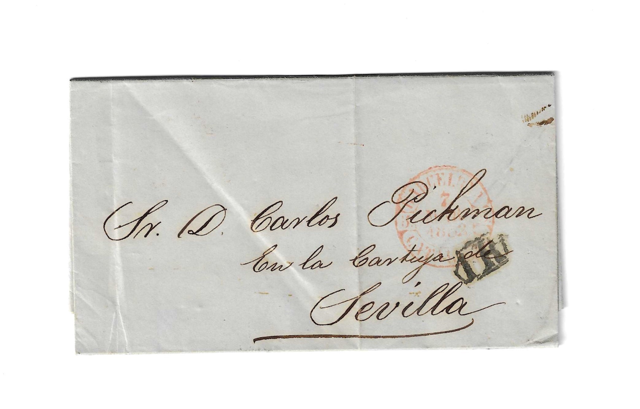 Carta de Barcelona a Sevilla del 7 Mar. 1852. con Baeza R. y porteo 1 N. y fechador de llegada