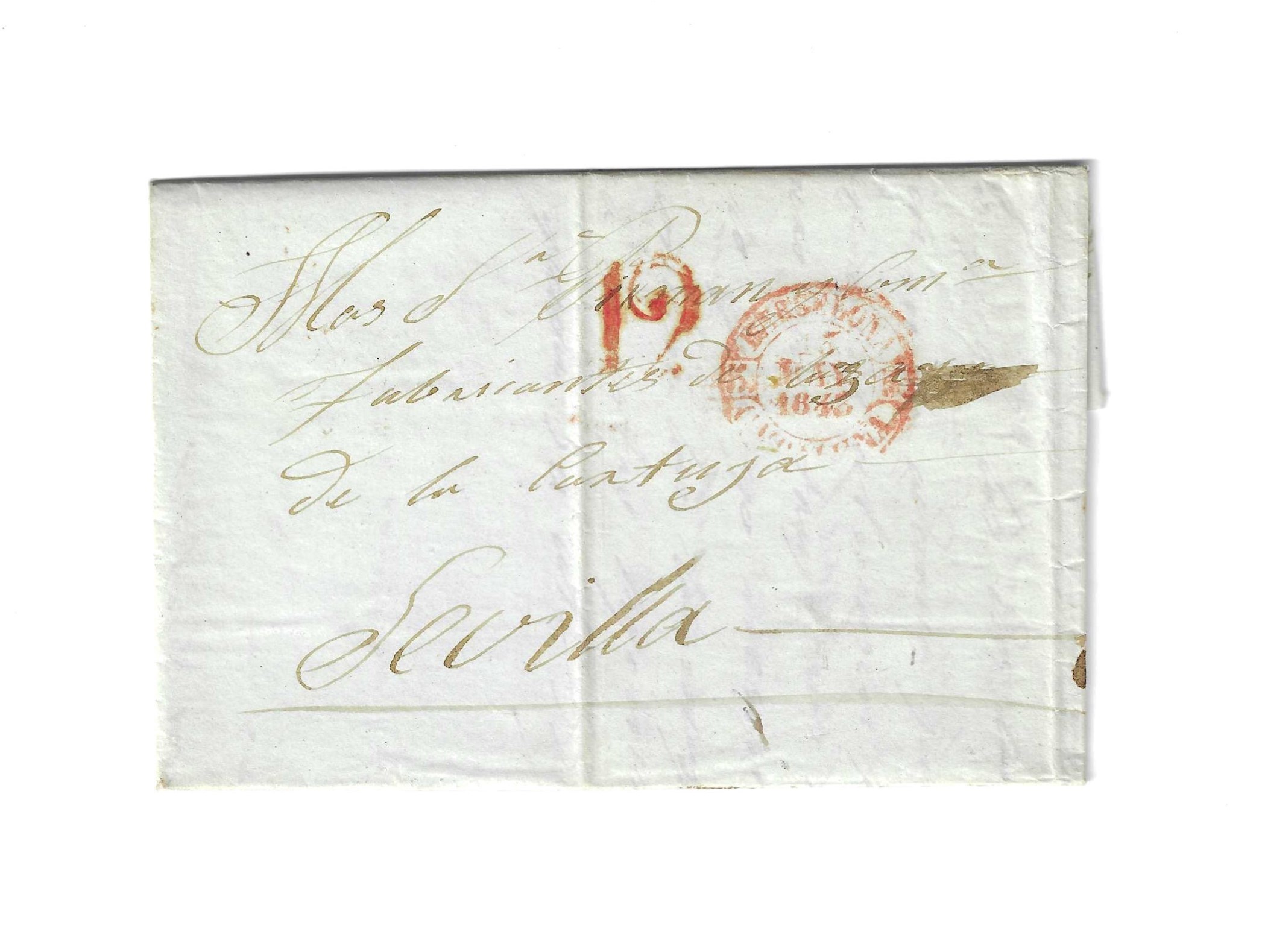 Carta de Barcelona a Sevilla del 25 Mar. 1843. con Baeza R. y porteo 12 R. , Fechador de llegada