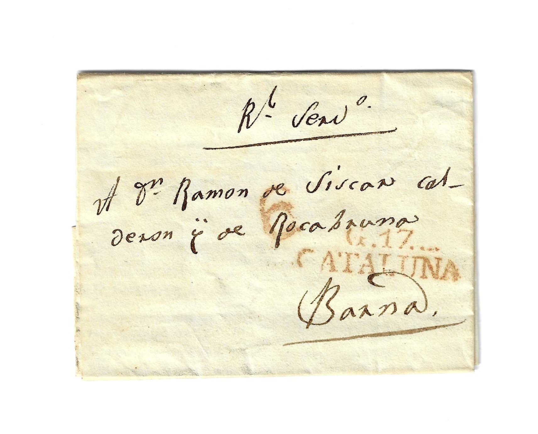 Carta de Gerna a Barcelona del 4 Jun. 1826, con marca Cataluña 10 R. y porteo 6 R.
