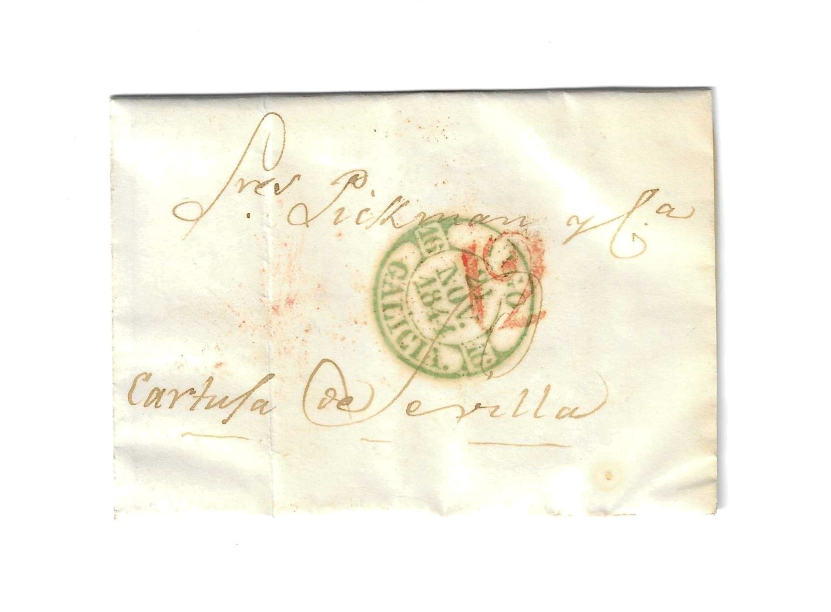 Carta de Vigo a Sevilla del 24 Nov. 1844, con 9 V. y porteo 12 R. , Fechador de LLegada