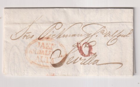 Carta de Jaén (J. Gutiérrez) A Sevilla (M. Pickman) del 27 Nov. 1834 con marca 6R. y porteo 6R.