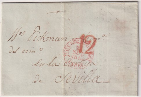 Carta de Sanlúcar de Barrameda (Nicolás Petit) a Sevilla (M. Pickman) del 21 Sep. 1843 con Baeza 3R. y porteo 12R. + Baeza de llegada. Escasa