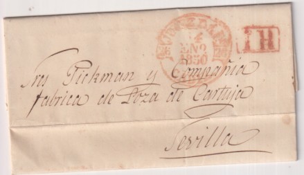 Carta de Jerez de la Frontera (Francisco Garam..) a Sevilla (M. Pixkman) del 14 Ene. 1850 con Baeza 4R.  y Porteo 1R. 00216244