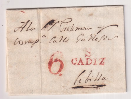 Carta de Sanlúcar de Barrameda (F. Alarcón) a Sevilla (M. de Picman) del 6 Ene. 1835 con marca 2R. y porteo 6R. Muy Escasa Así