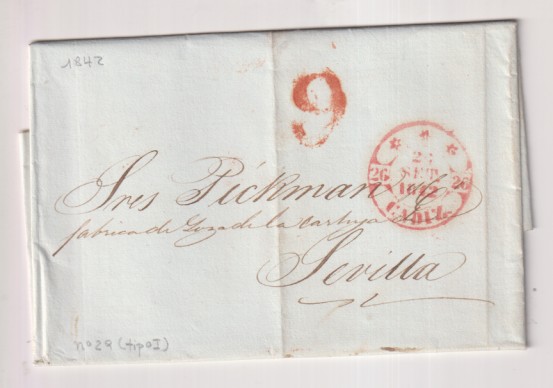 Carta de Cádiz (Lacave) a Sevilla (M. Pickman) del 21 Septiembre de 1842 Con Baeza 26R.-I porteo 9R + Fechador de llegada a Sevilla.