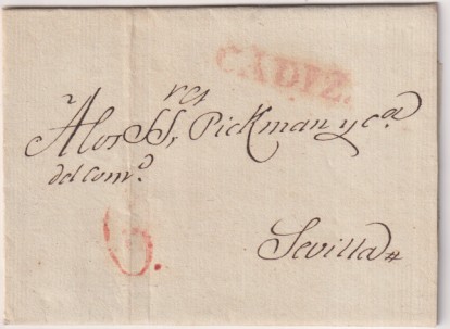 Carta de Cádiz (Fra. de las Heras) a Sevilla (M. Pickman) del 7 Ago. 1832. marca 15R. y porteo 6R. Bonita carta con muy Bella Caligrafía  en interior