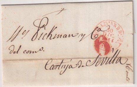 Carta de Sanlúcar fr Barrameda (Nicolas Petit) A Sevilla (m. Pickman) Con Baeza 3R. y porteo 6R. sobre el fechador. Baeza de llegada a Sevilla. Escasa