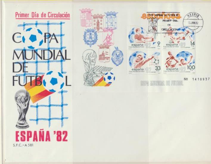España 1982. Sobre Primer Día Mundial de Futbol. Edifil 2661-65 matasellado