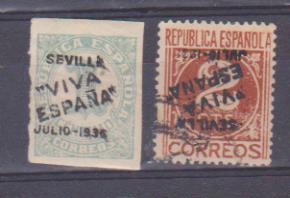 2 sellos de la República.(serie) Edifil 677-78 *, Con sobrecarga: Sevilla ¡Viva España! Julio 1936