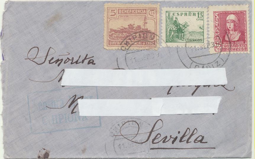Carta de Chipiona a Sevilla del 11-Sep-1939. Censura Militar de Chipiona. bonito franqueo