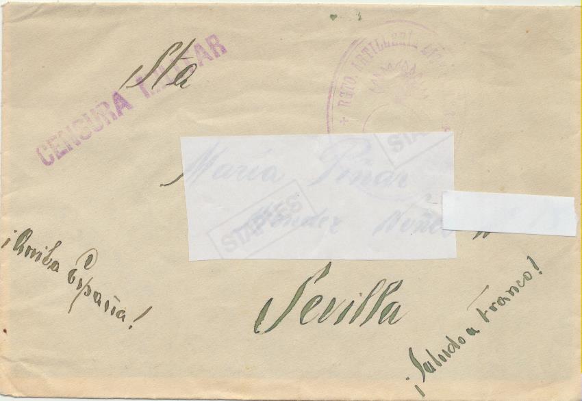 Carta de Rentería a Sevilla del 20-4-1939. Con tampón del Regimiento Artillería de Montaña