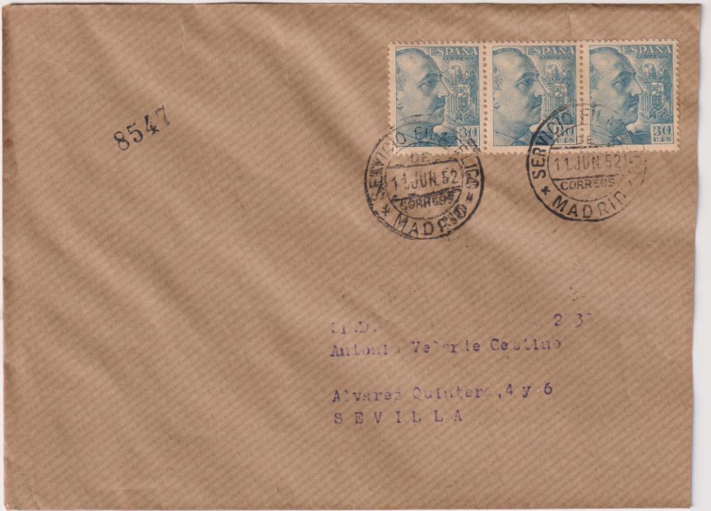 Carta de Madrid a Sevilla del 11 de Junio de 1952. bonito franqueo y fechadores