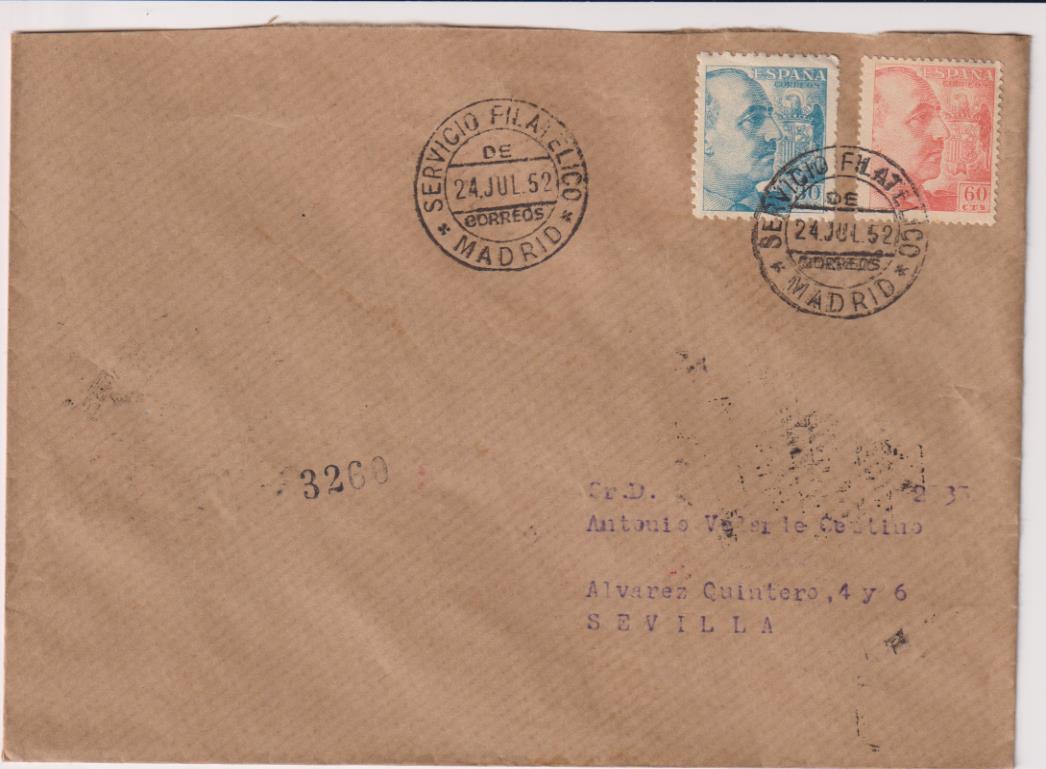 Carta de Madrid a Sevilla del 24 de julio de 1952. Bonito franqueo y fechadores