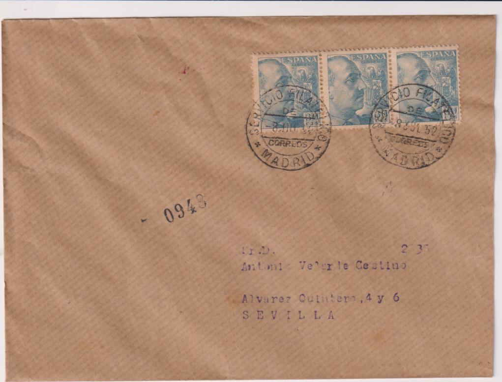 Carta de Madrid a Sevilla del 8 de Julio de 1952. Bonito franqueo y fechadores