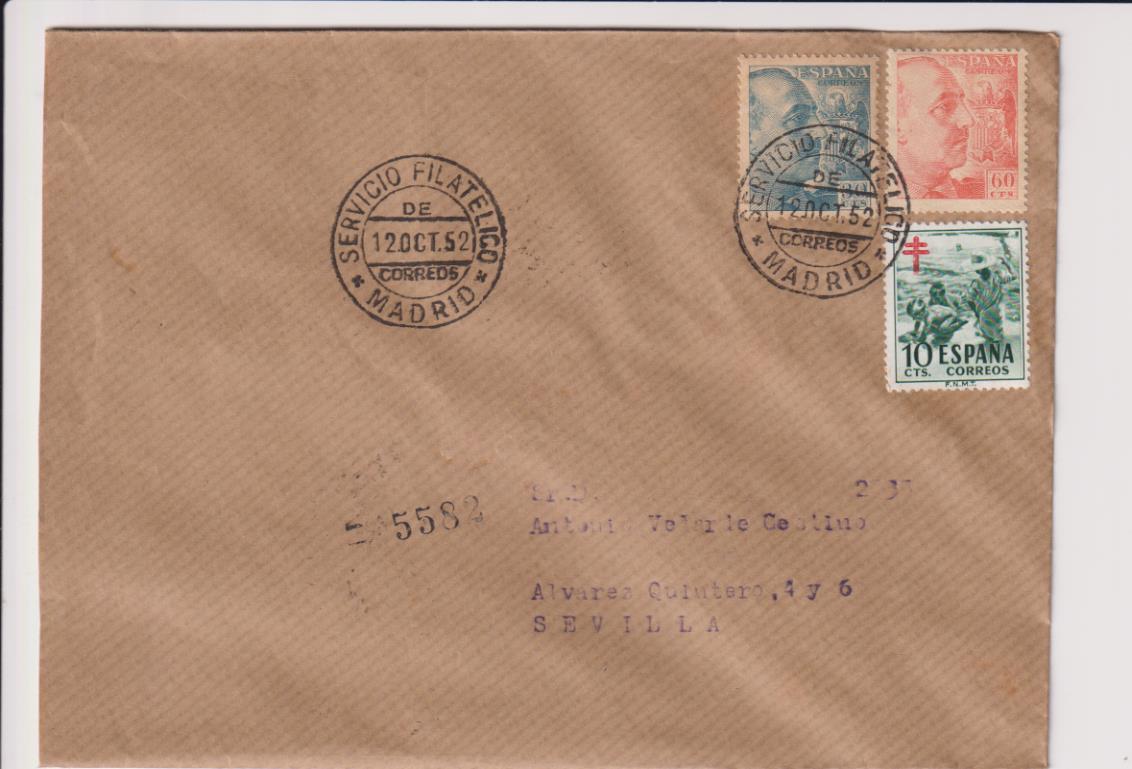 Carta de Madrid a Sevilla del 12 de octubre de 1952. Bonito franqueo y fechadores