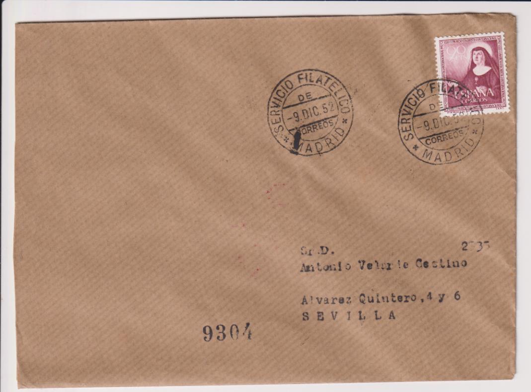 Carta de Madrid a Sevilla del 9 de Diciembre de 1952. Bonito franqueo y fechadores