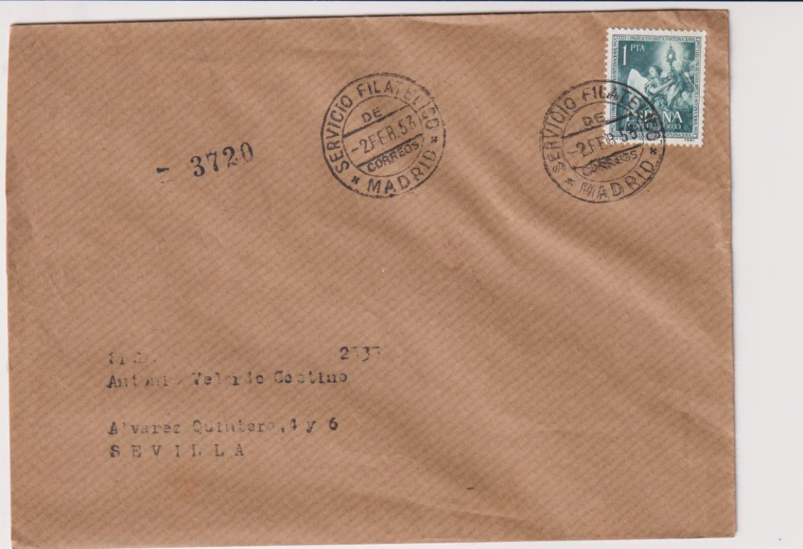 Carta de Madrid a Sevilla del 2 de Febrero de 1953. bonito franqueo y fechadores