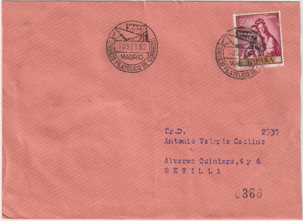 Carta de Madrid a Sevilla del 10 de Septiembre de 1962. Bonitos fechadores