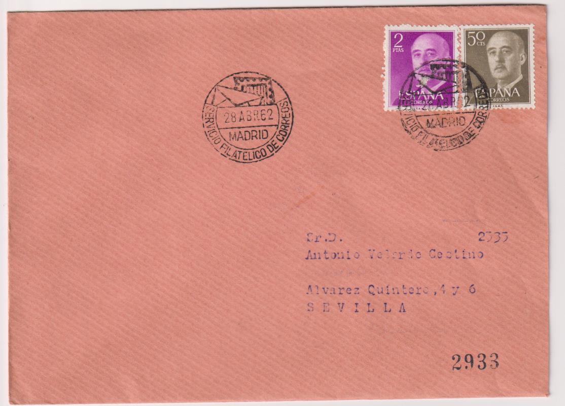 Carta de Madrid a Sevilla del 28 de Abril de 1962. Bonitos fechadores