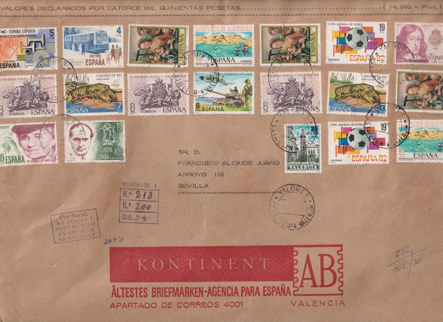 Carta con Membrete de Valencia a Sevilla. Valores declarados por 14.500 ptas