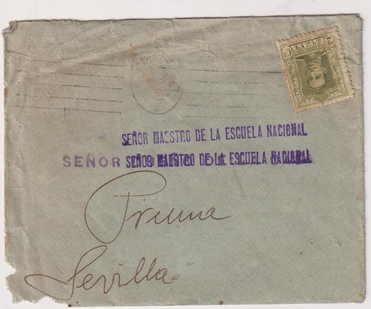 Tarjeta Postal con Membrete. Editorial Gallach, Barcelona a Coria del Río, de 8-En. 16