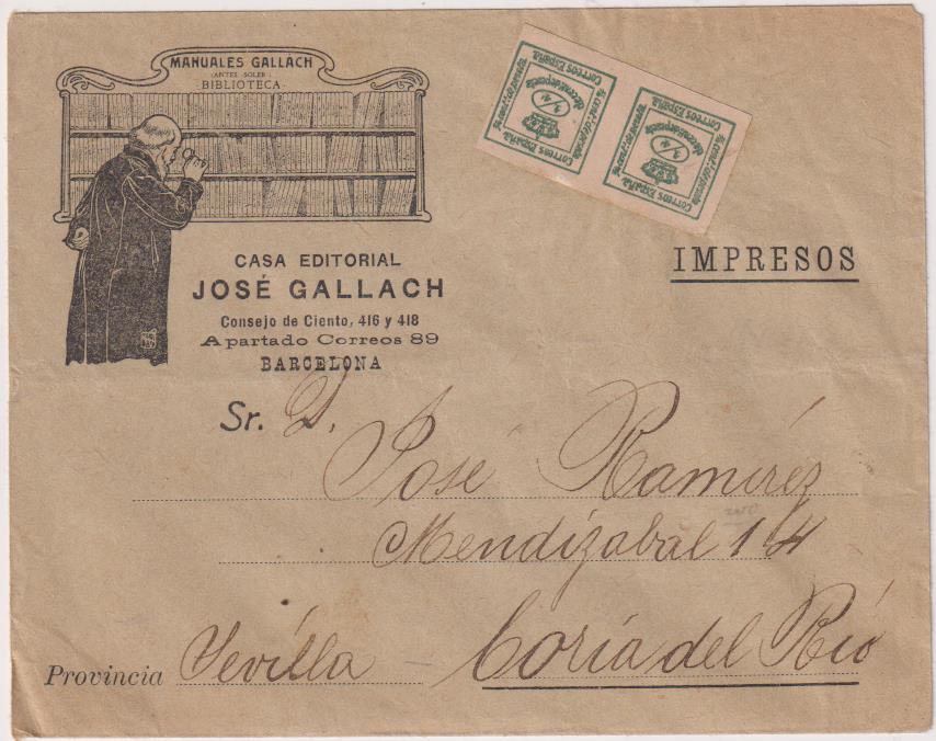 Carta con Membrete de Editorial J. Gallach, Barcelona a Coria del Río, 1914. Con Edifil