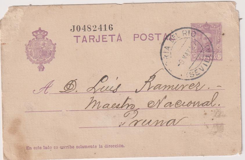 Tarjeta Entero Postal de Coria del Río a Pruna (Sevilla) del 9 May. 1927. Edifil 57