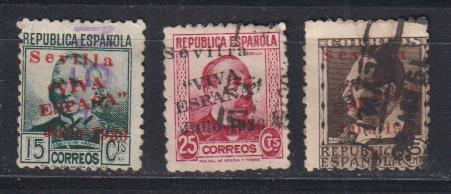 Edifil 681,683 y 685 con sobrecarga: Sevilla Viva España, Julio de 1936. Usados