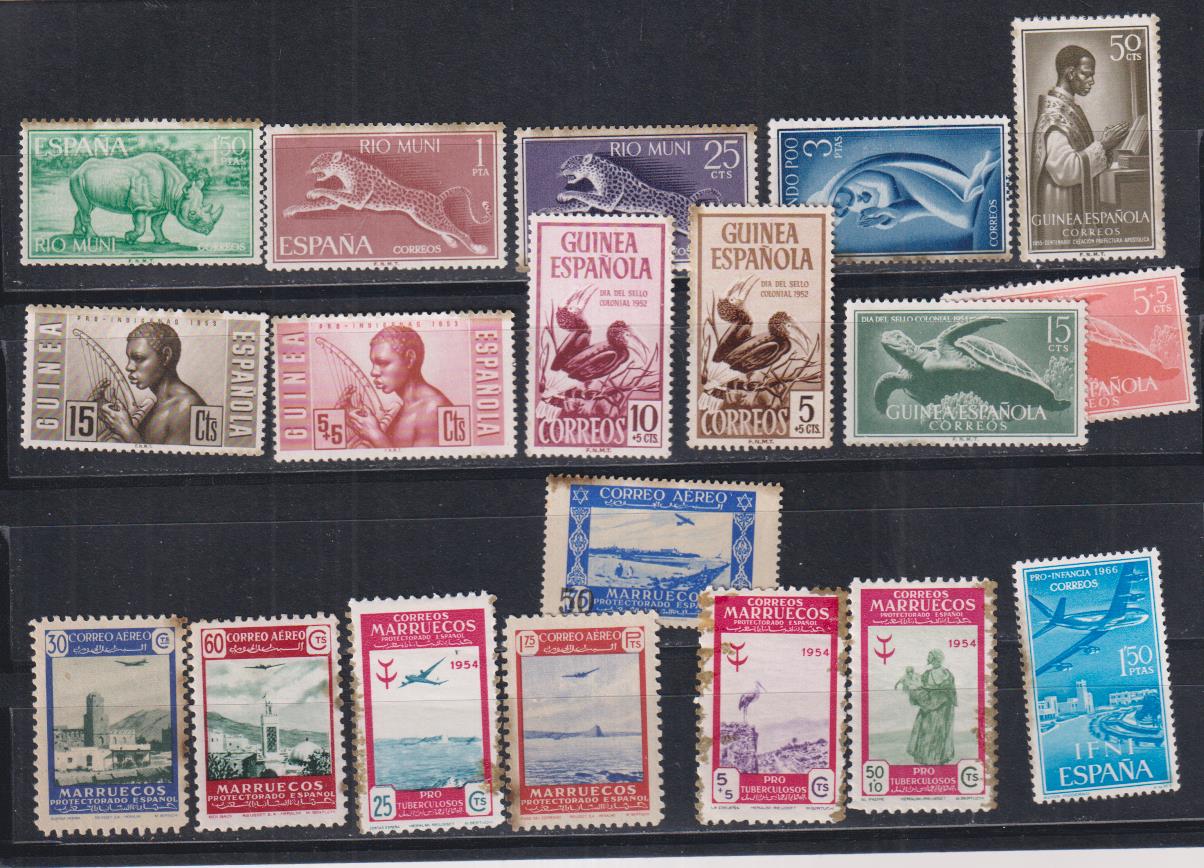 Lote de 19 sellos: Río Muni, Fernando Poo, Guinea, Ifni y Marruecos.
