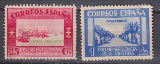 2 sellos Pro Beneficencia Isla Cristina. Con fijasellos
