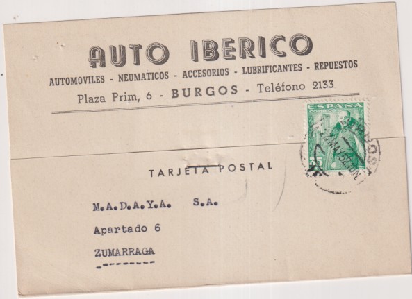 Tarjeta Postal Con Membrete de Burgos a Zumarraga del 23 May. 1952