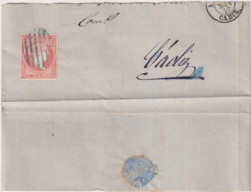 Envoltura de Algeciras a Cádiz del 23 Nov. de 1857. Franqueado con Edifil 44 con matasello parrilla vede