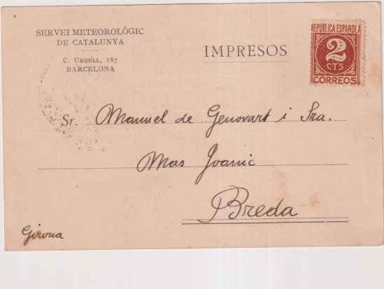 Tarjeta POstal con Membrete de Barcelona (servei Meteorológic de Catalunya) a Breda Alemania 1936. Aldorso: Fechador de llegada a Breda