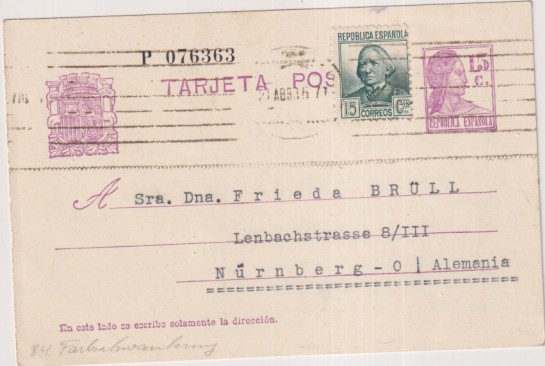 Tarjeta Entero Postal 69. 1932. A Nuremberg (alemania) del 21 mar. 1936 con sobretasa