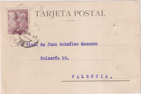 Tarjeta Postal con Membrete de Cádiz a Valencia del 22 Jul. 1946 con franqueo en A/ y Timbre en R/