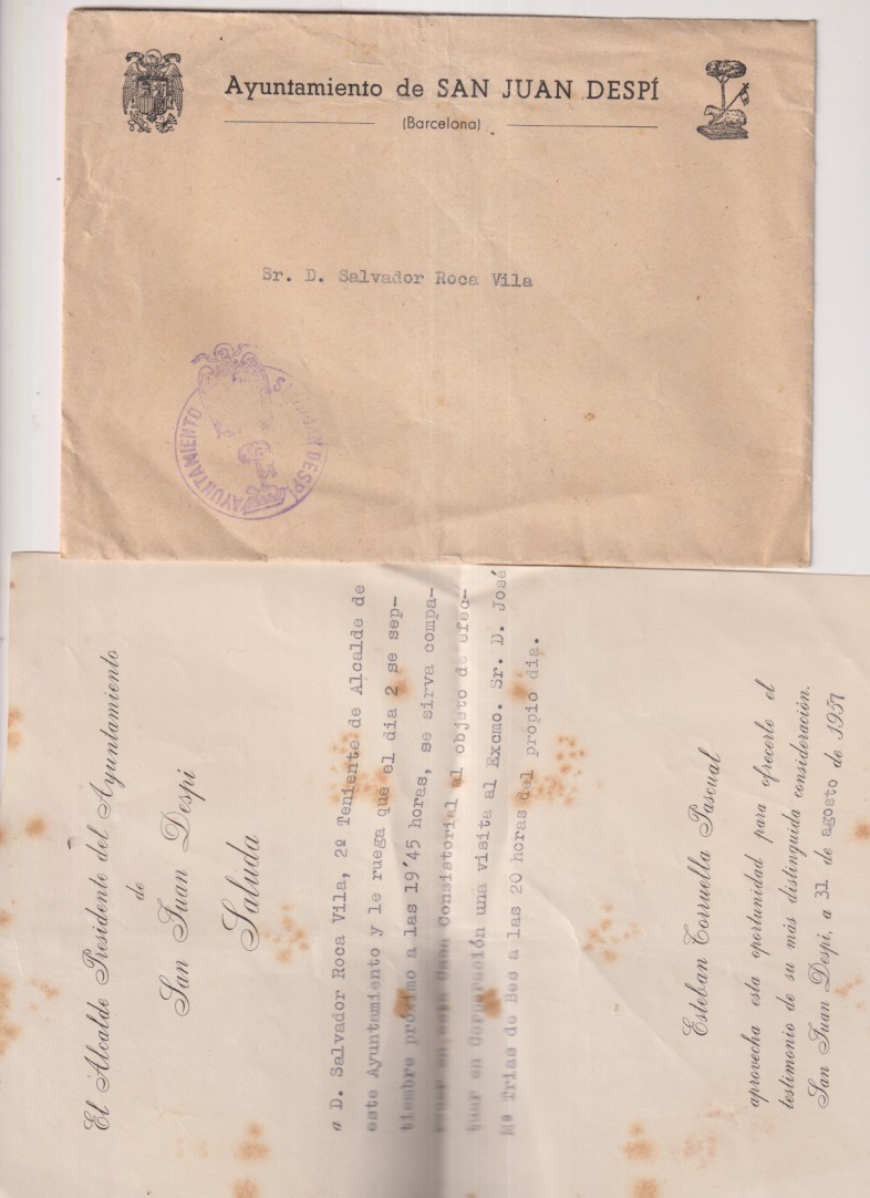 Cartas con membrete del Alcalde de San juan Despí al 2º Tte.  Alcalde este Ayuntamiento para comparecer la casa consistorial del 31 Ago 1957. Sello