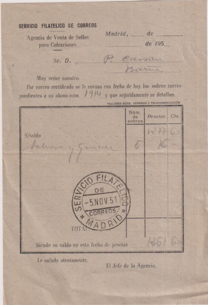 Servicio Filatélico de Correos. Agencia de Venta de sellos para colecciones. Recibo con Fechador Madrid 5 Nov. 1951. Muy escaso en esas fechas