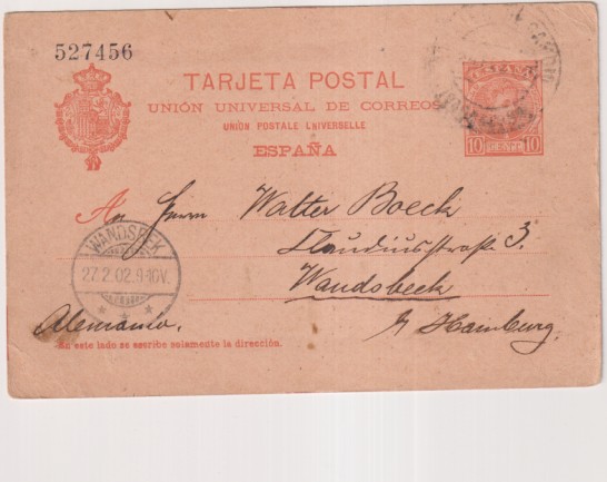 Tarjeta Entero Postal 40. 4º Serie de 1902. De Barcelona a Wandsbeck (Alemania) del 24 Feb. 1902 y FEchador de Llegada en Alemania