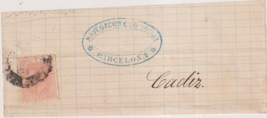 Frontal de Envoltura. De Barcelona a Cádiz. Con 15 cts. Naranja de 1882. Edifil 210. Con sello de navegación e Industria de Barcelona